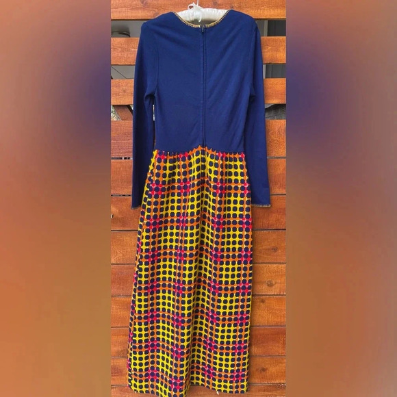 Concept 70s Swirl Maxi Dress with Empire Waist- Navy/Red/Yellow/Orange- Small - Picture 2 of 7